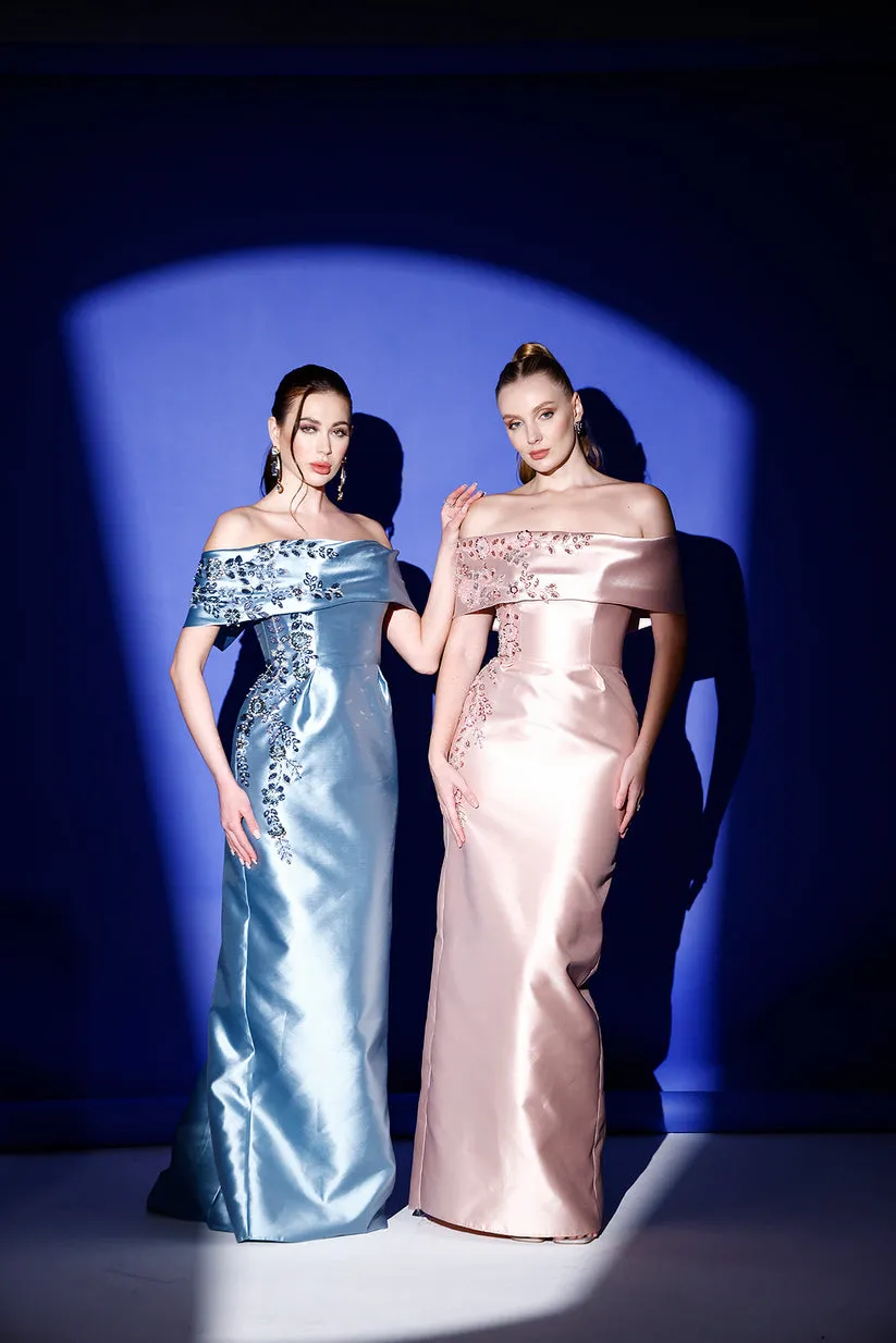 𝐆𝐈𝐒𝐄𝐋𝐋𝐄 Low Shoulder Embroidered Mikado Evening Dress T56744