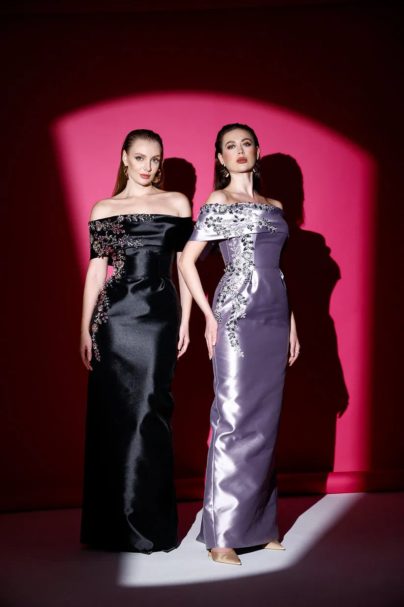 𝐆𝐈𝐒𝐄𝐋𝐋𝐄 Low Shoulder Embroidered Mikado Evening Dress T56744