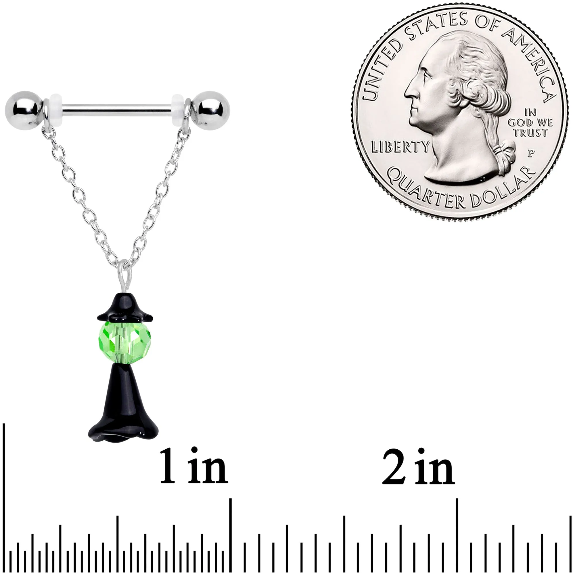 14 Gauge 11/16 Green Gem Spooky Witch Halloween Dangle Nipple Ring Set