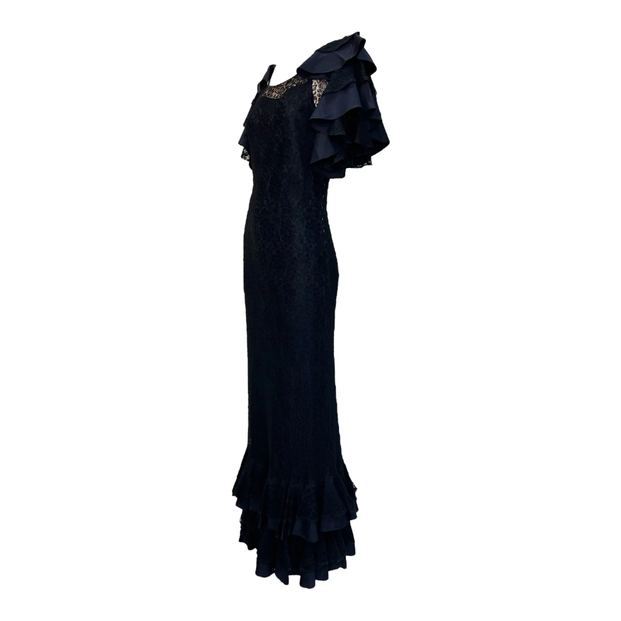 1930's Black Lace Dramatic Flutter Sleeve Mermaid Gown