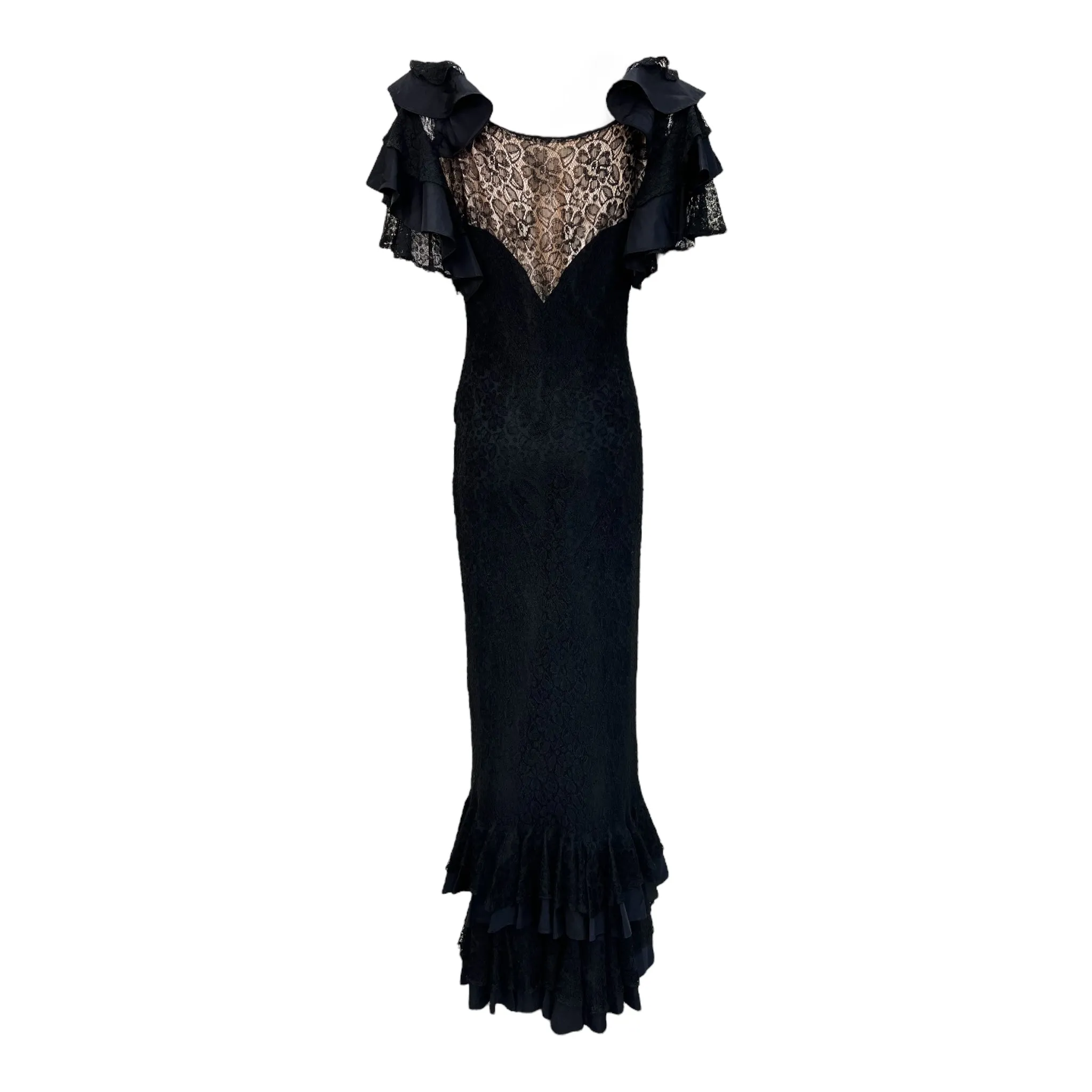 1930's Black Lace Dramatic Flutter Sleeve Mermaid Gown