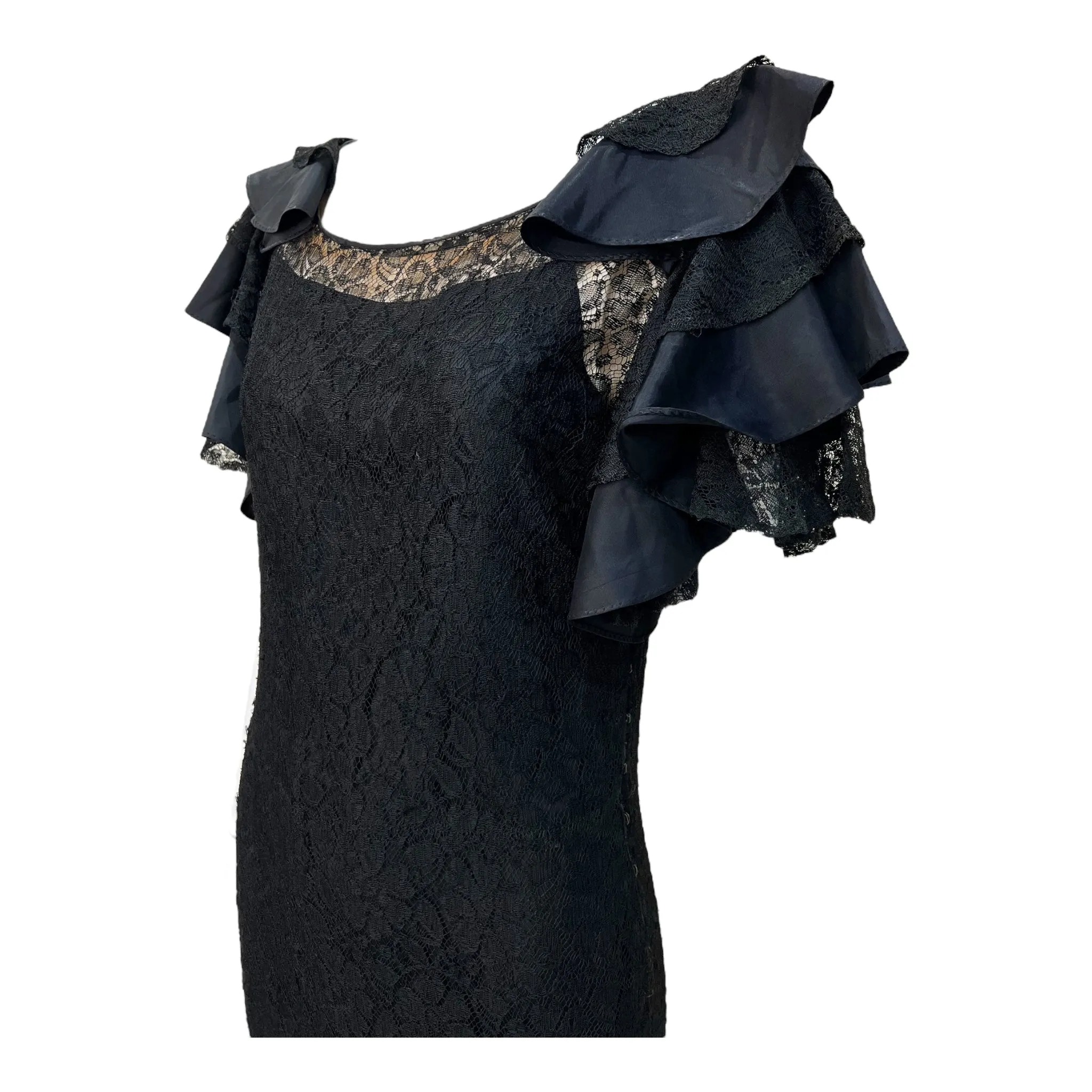 1930's Black Lace Dramatic Flutter Sleeve Mermaid Gown