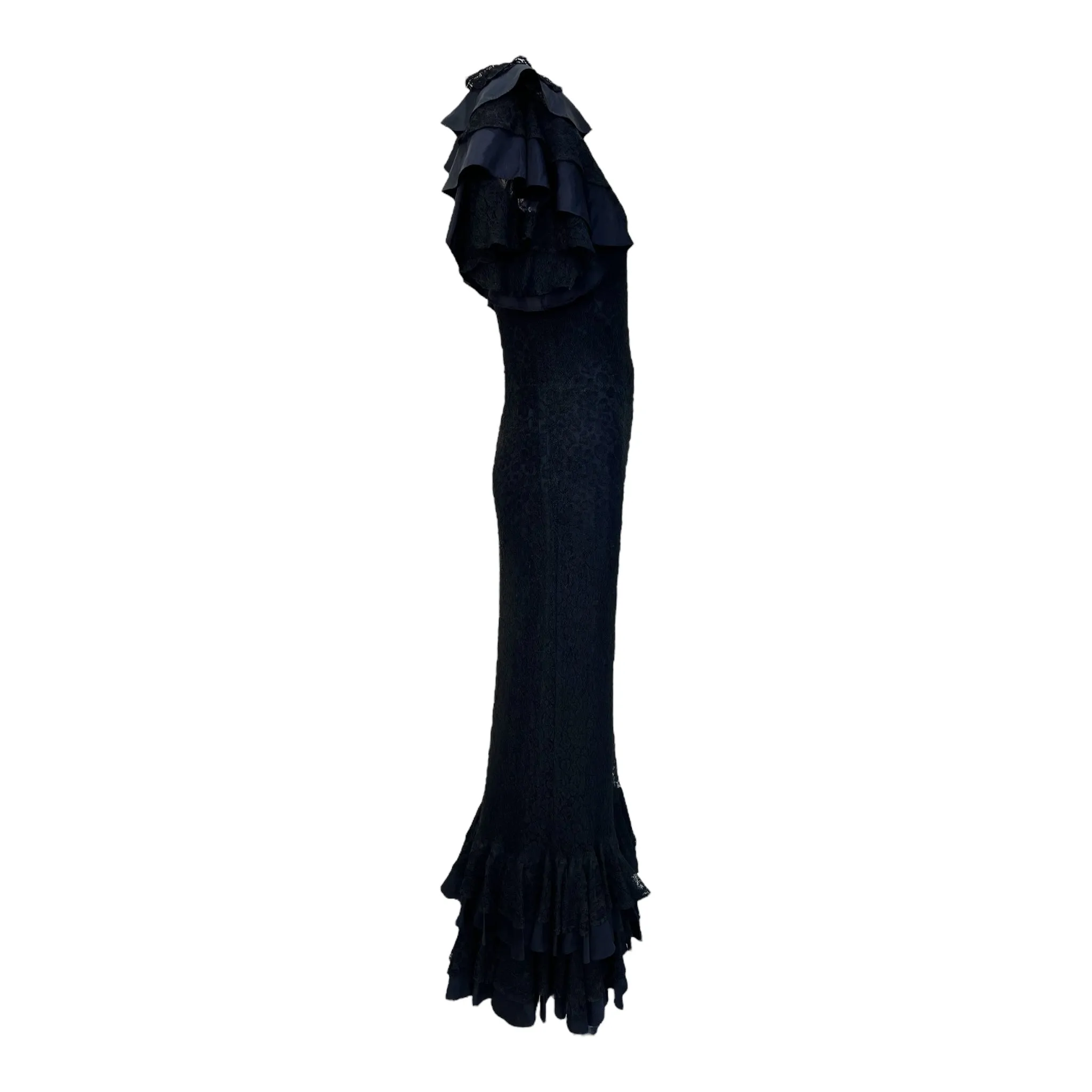 1930's Black Lace Dramatic Flutter Sleeve Mermaid Gown