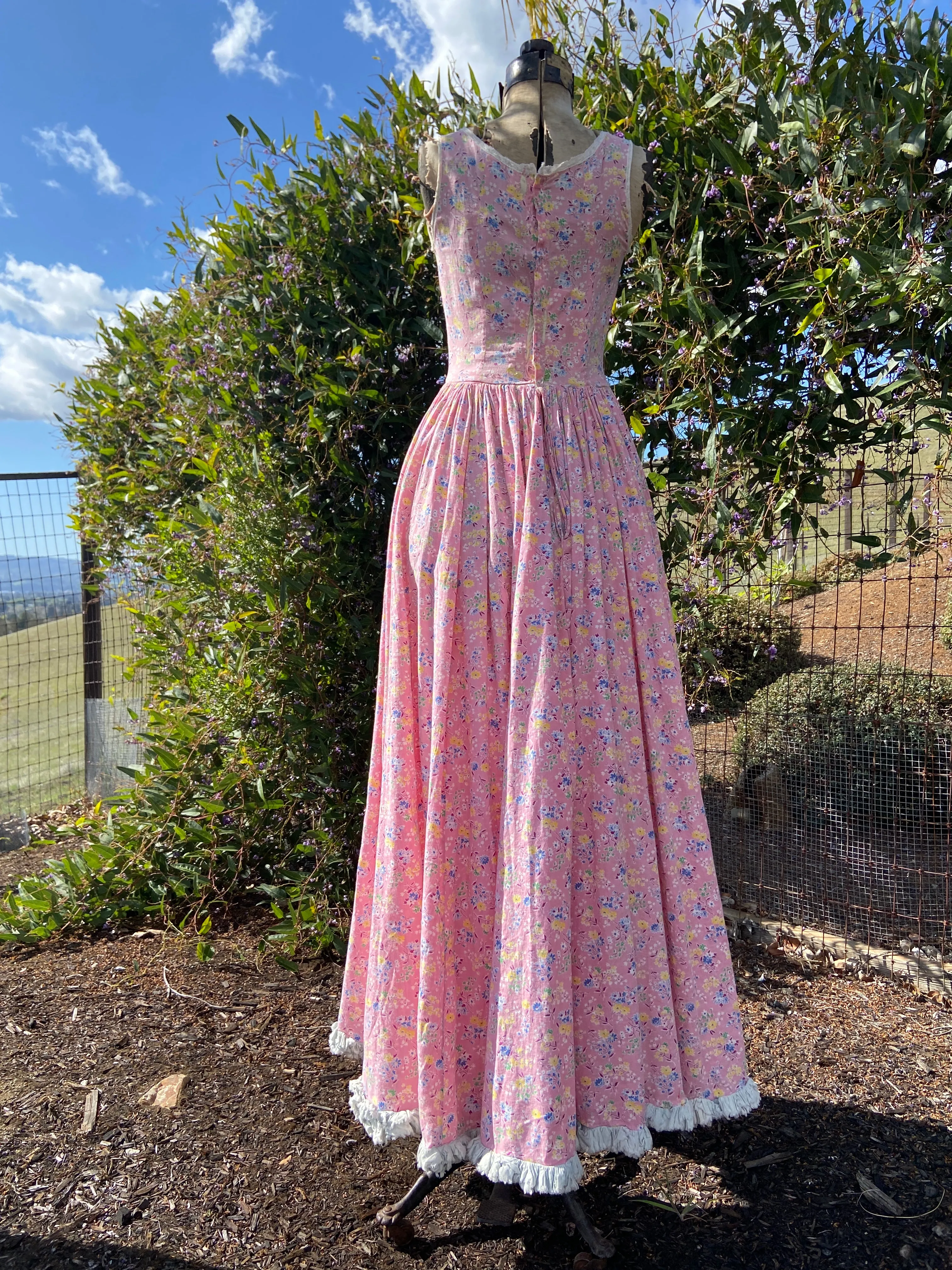 1930s Pepto-Pink Handmade Floral Feedsack Maxi Dress