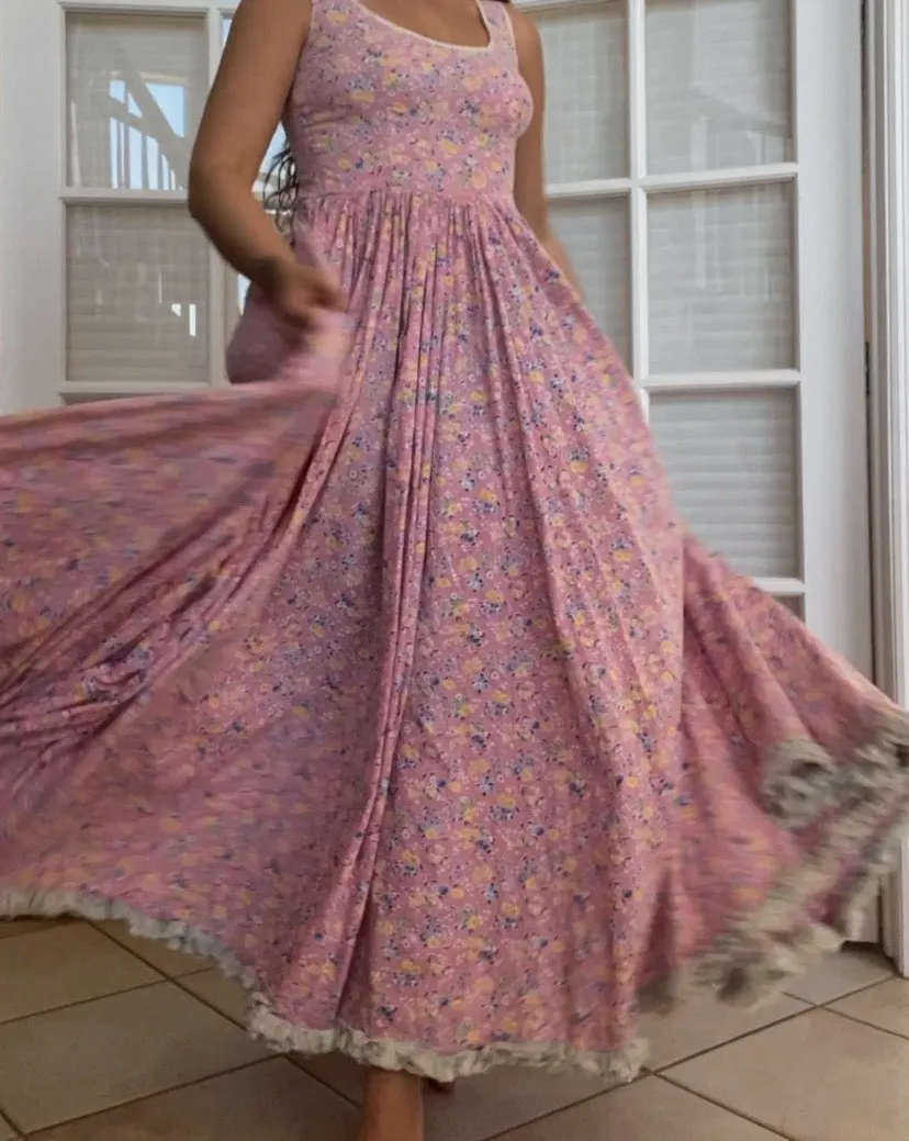 1930s Pepto-Pink Handmade Floral Feedsack Maxi Dress