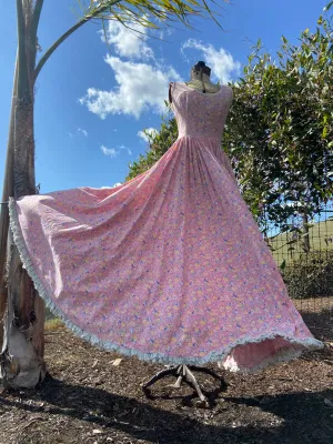 1930s Pepto-Pink Handmade Floral Feedsack Maxi Dress