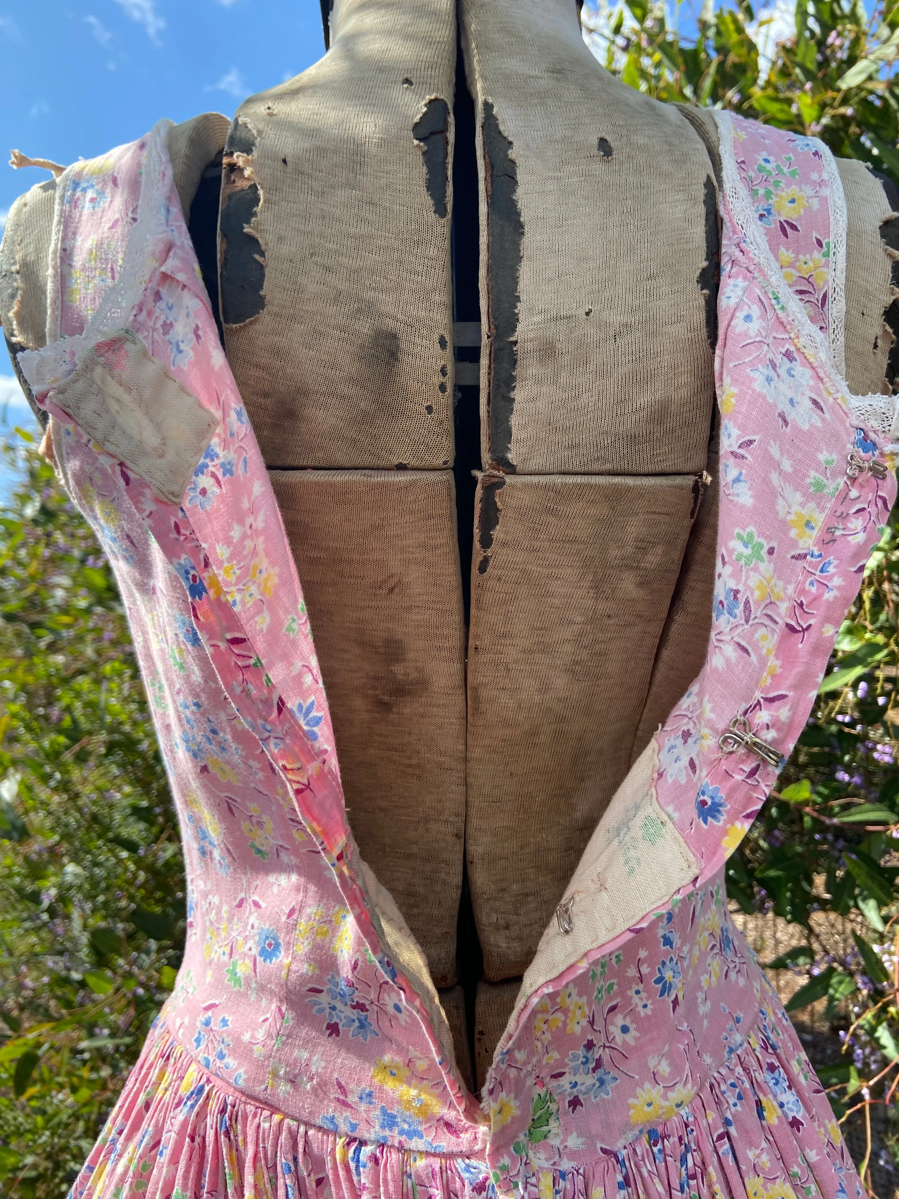 1930s Pepto-Pink Handmade Floral Feedsack Maxi Dress