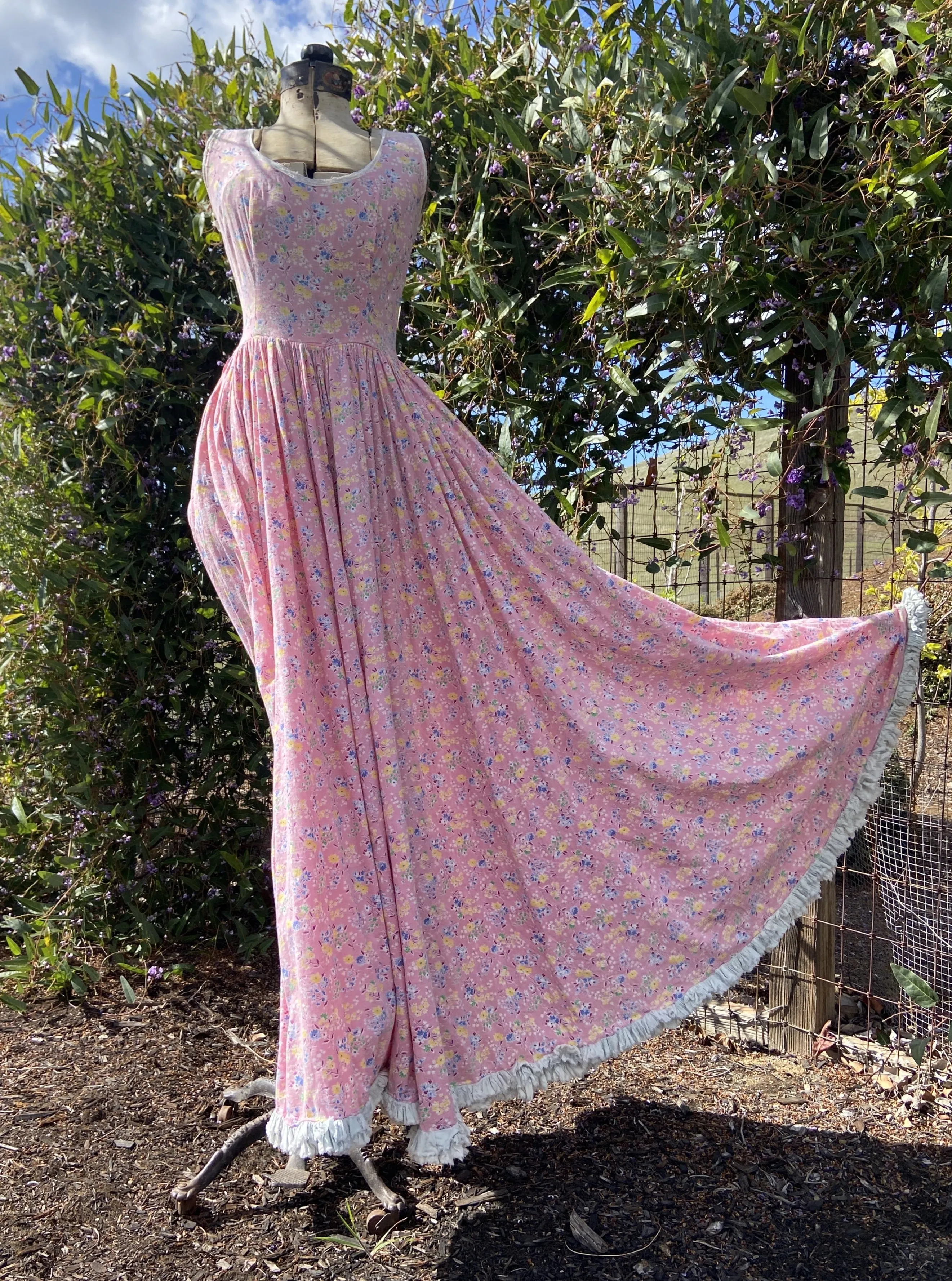 1930s Pepto-Pink Handmade Floral Feedsack Maxi Dress