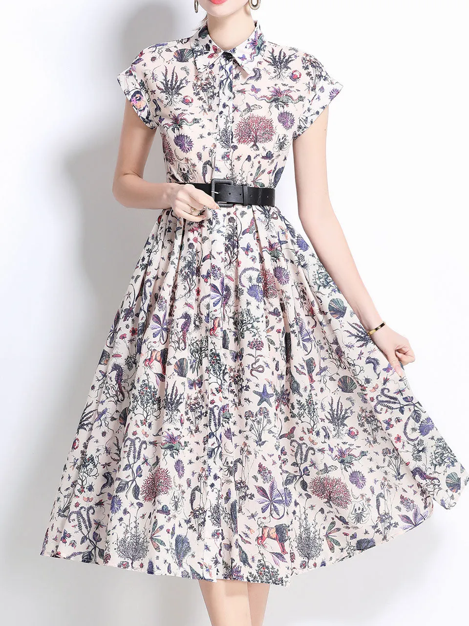 1940S Classic Shirt Collar Vintage Print Cap Sleeve Cotton Dress