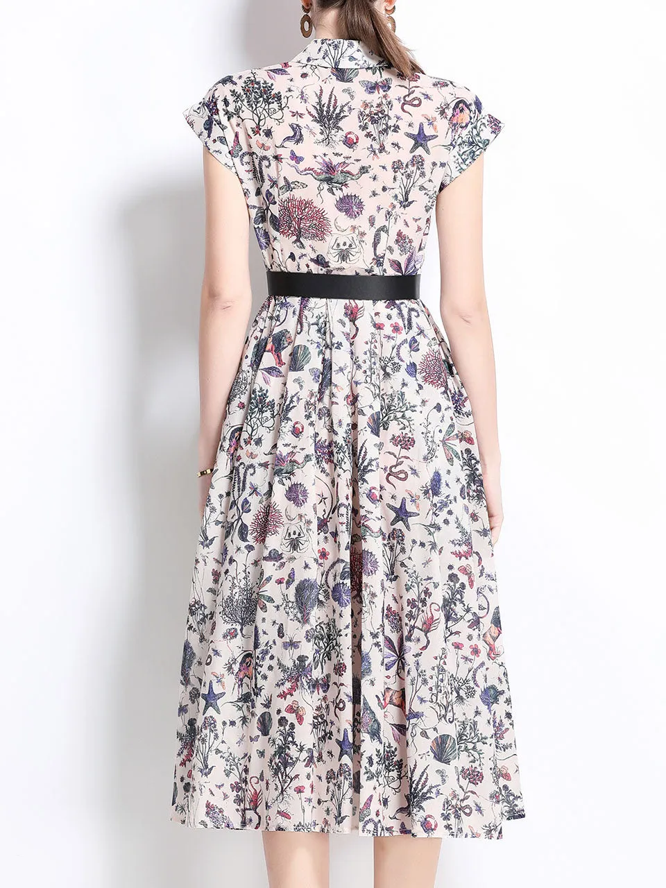 1940S Classic Shirt Collar Vintage Print Cap Sleeve Cotton Dress