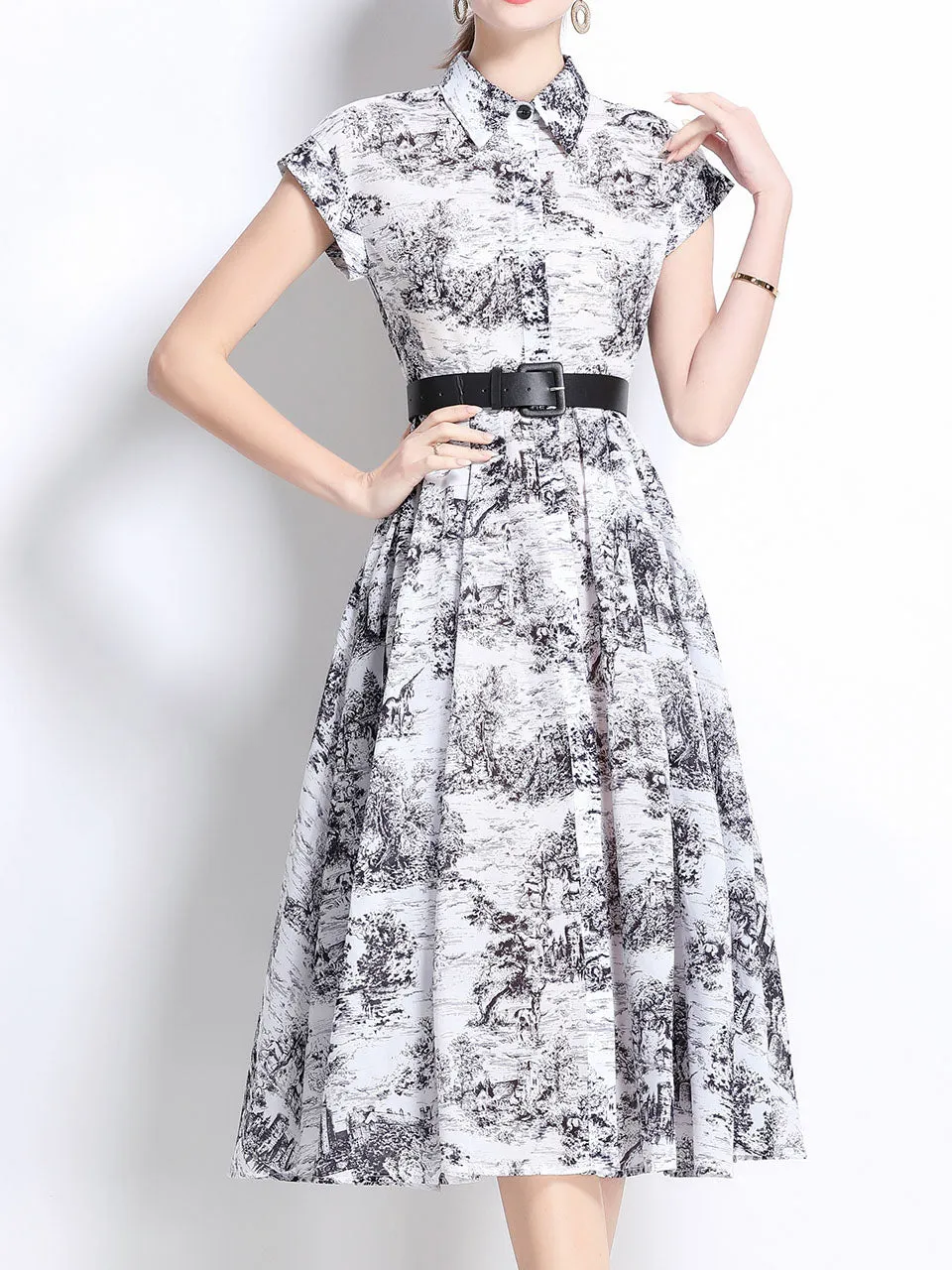 1940S Classic Shirt Collar Vintage Print Cap Sleeve Cotton Dress