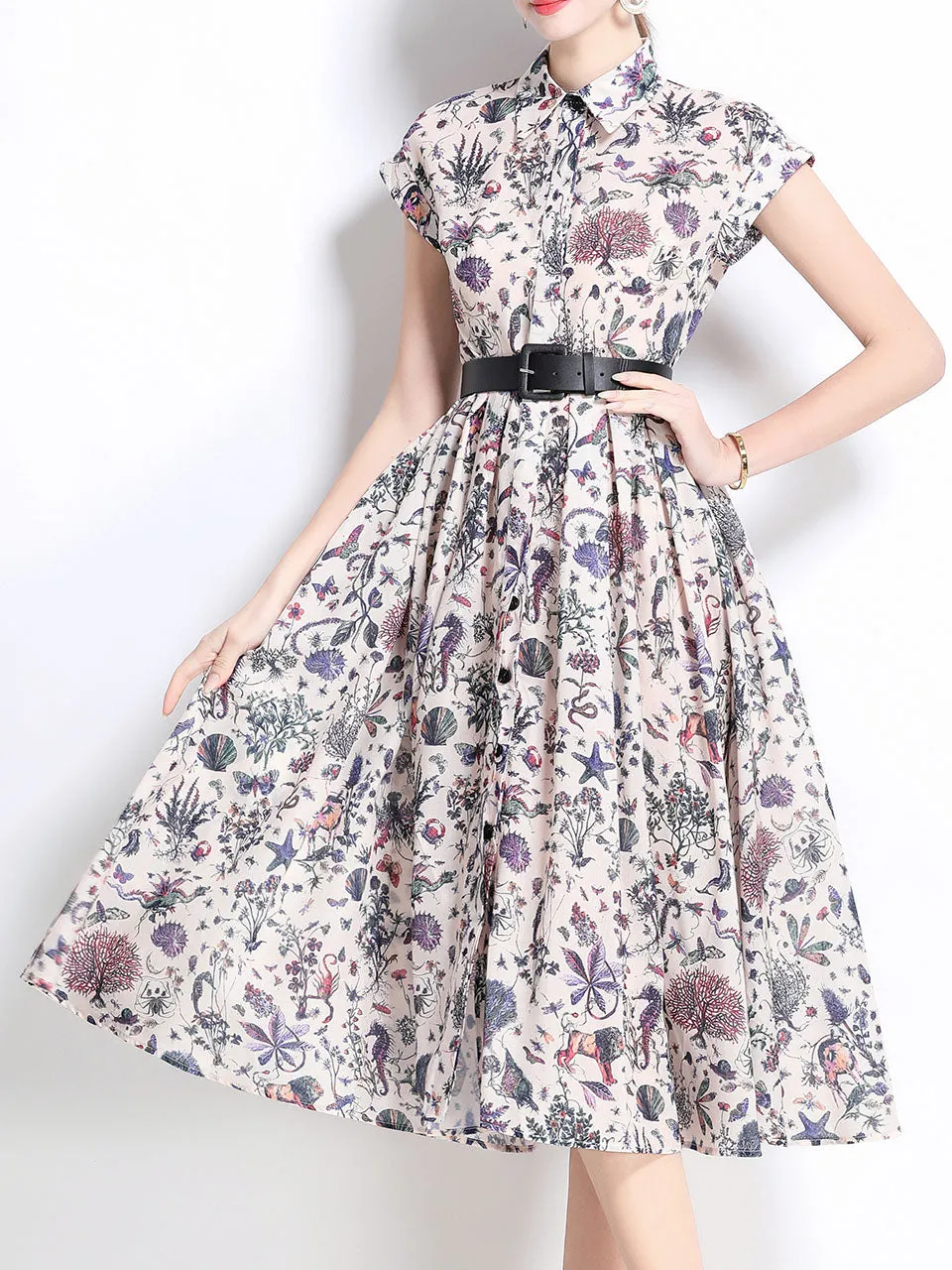 1940S Classic Shirt Collar Vintage Print Cap Sleeve Cotton Dress