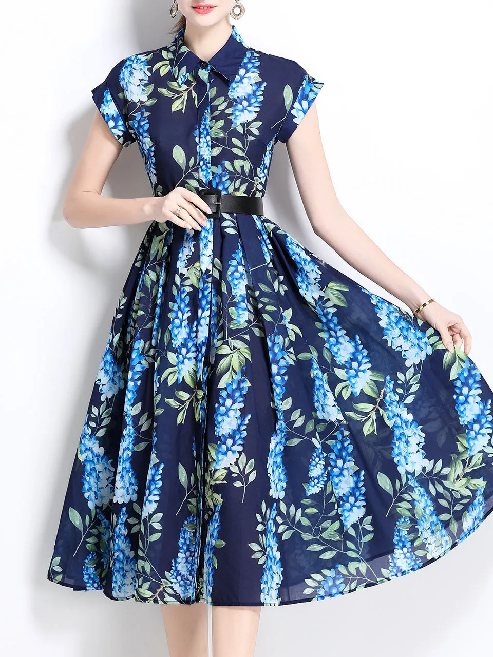 1940S Classic Shirt Collar Vintage Print Cap Sleeve Cotton Dress