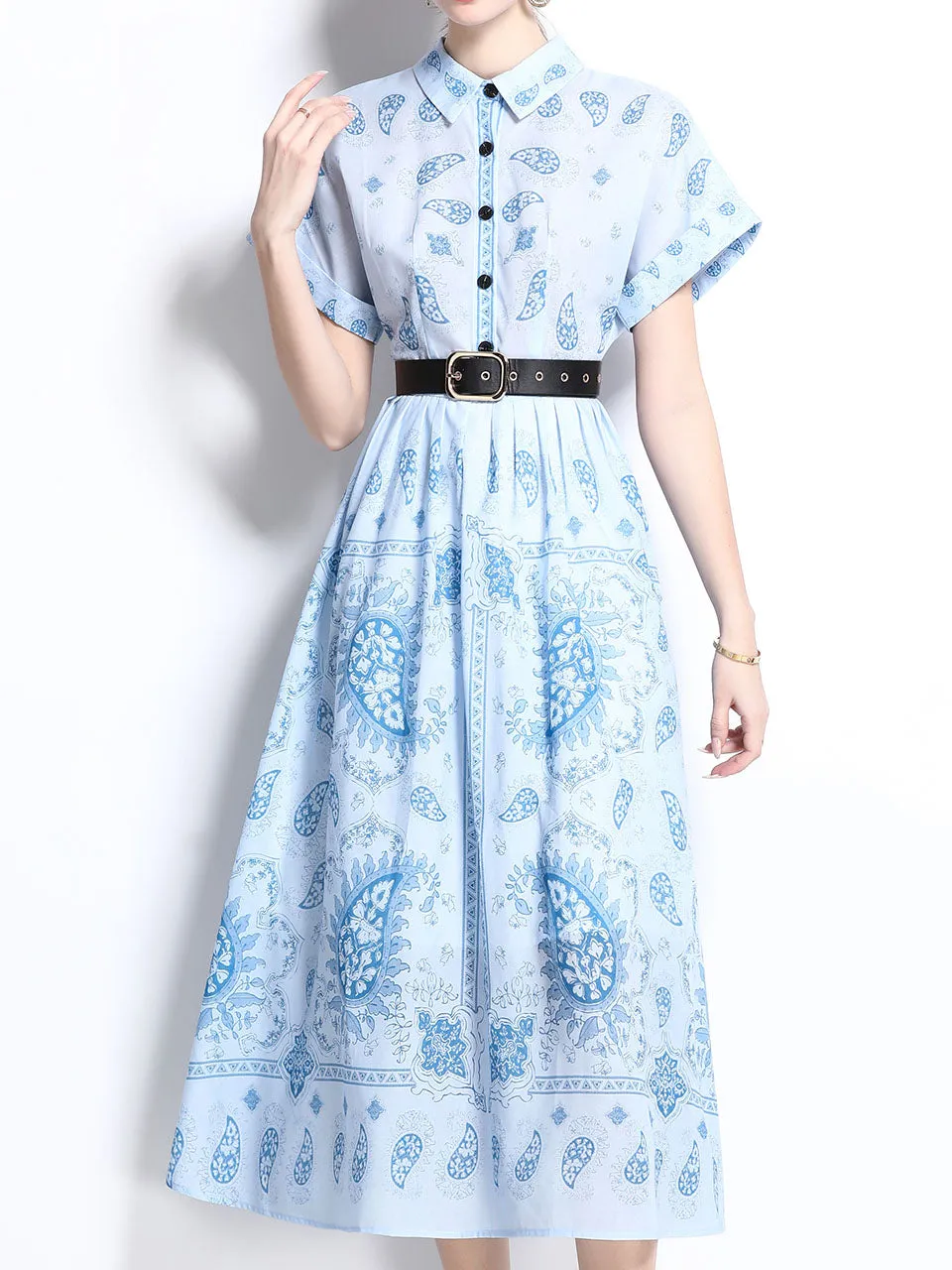 1940S Classic Shirt Collar Vintage Print Cotton Dress with Belt
