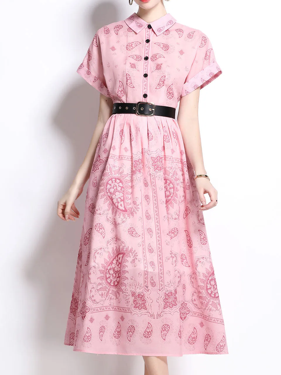 1940S Classic Shirt Collar Vintage Print Cotton Dress with Belt