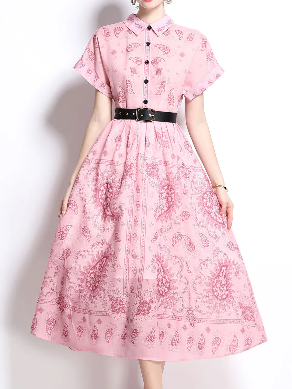 1940S Classic Shirt Collar Vintage Print Cotton Dress with Belt