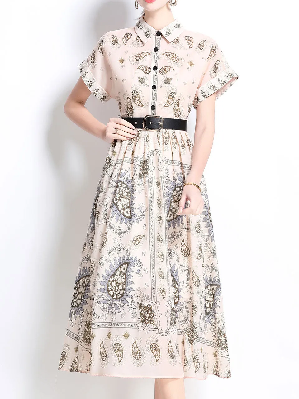 1940S Classic Shirt Collar Vintage Print Cotton Dress with Belt