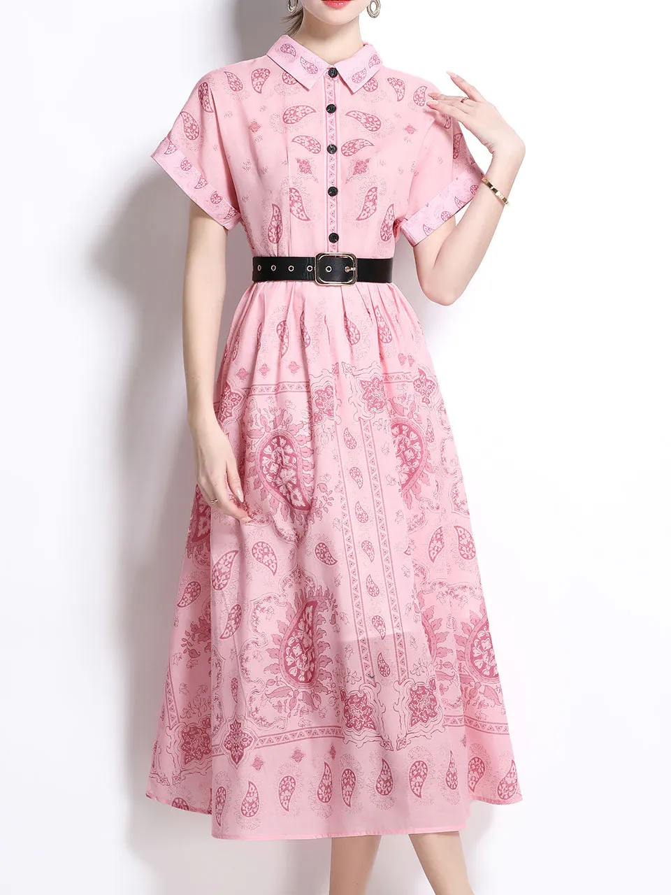 1940S Classic Shirt Collar Vintage Print Cotton Dress with Belt