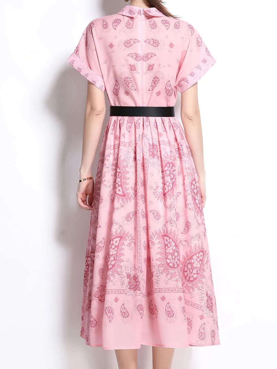 1940S Classic Shirt Collar Vintage Print Cotton Dress with Belt
