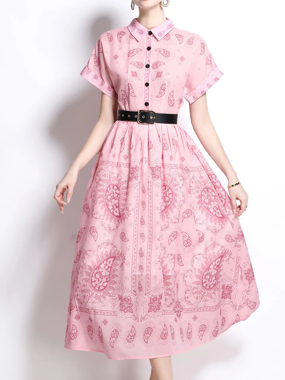 1940S Classic Shirt Collar Vintage Print Cotton Dress with Belt