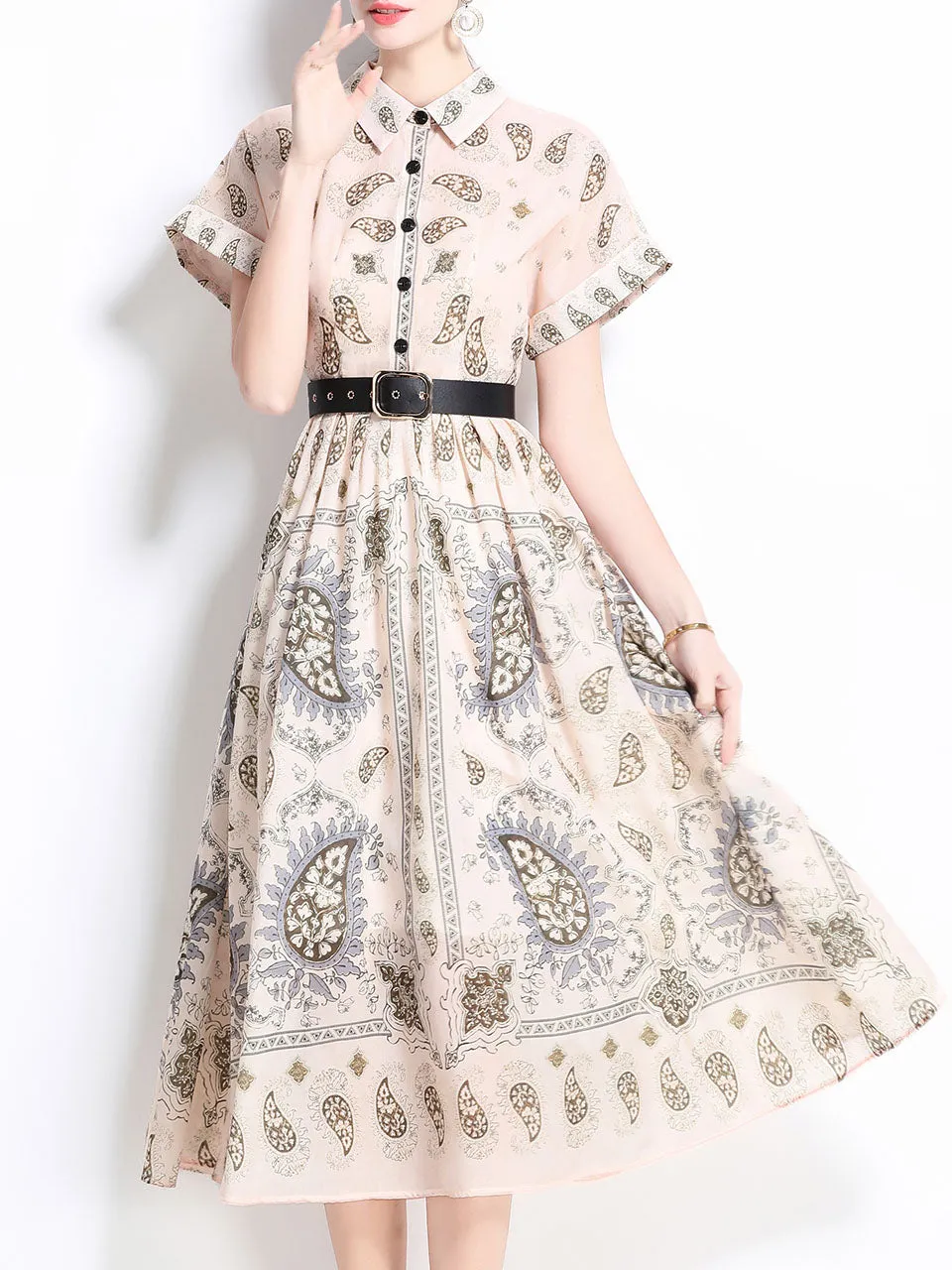 1940S Classic Shirt Collar Vintage Print Cotton Dress with Belt