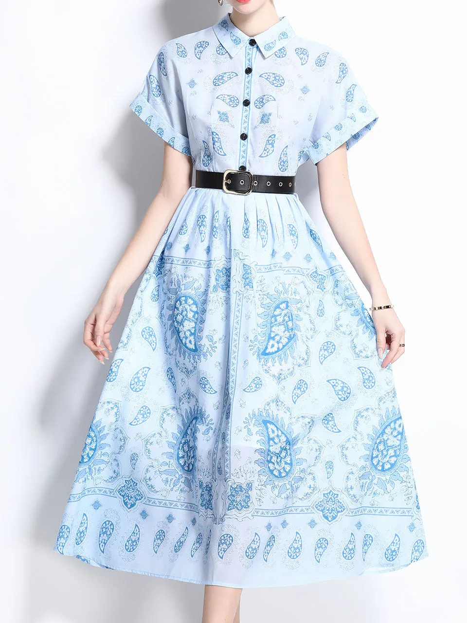 1940S Classic Shirt Collar Vintage Print Cotton Dress with Belt