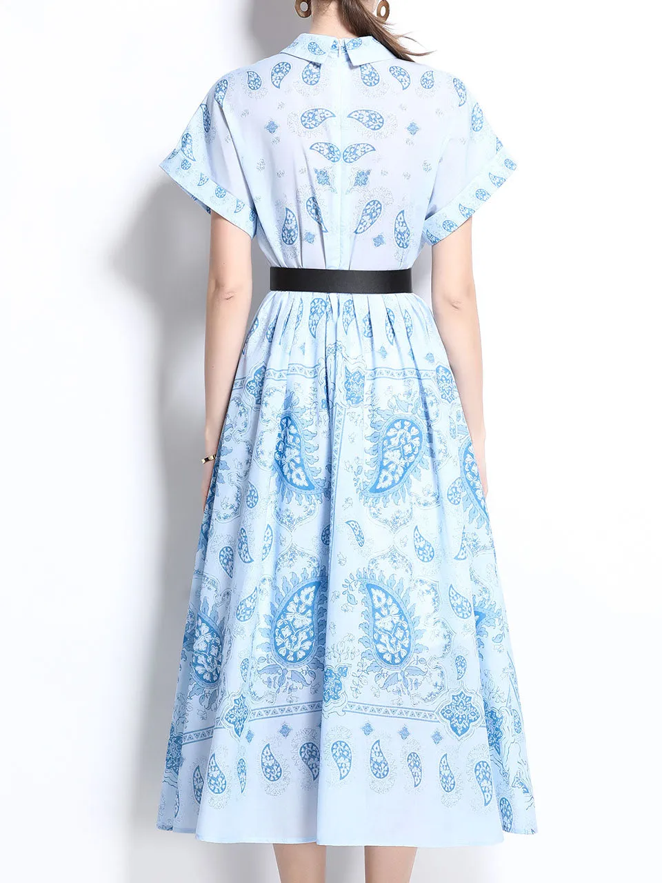 1940S Classic Shirt Collar Vintage Print Cotton Dress with Belt