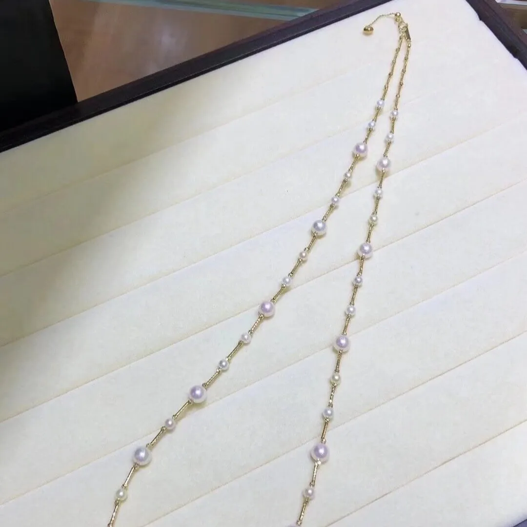 3.0-7.0 mm Japanese Akoya Cultured Pearl and 18K Gold Rondell Necklace - every two pearls