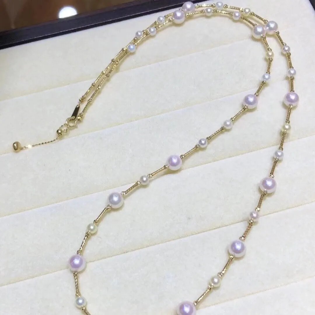 3.0-7.0 mm Japanese Akoya Cultured Pearl and 18K Gold Rondell Necklace - every two pearls