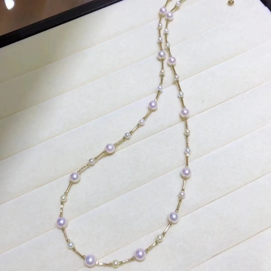 3.0-7.0 mm Japanese Akoya Cultured Pearl and 18K Gold Rondell Necklace - every two pearls