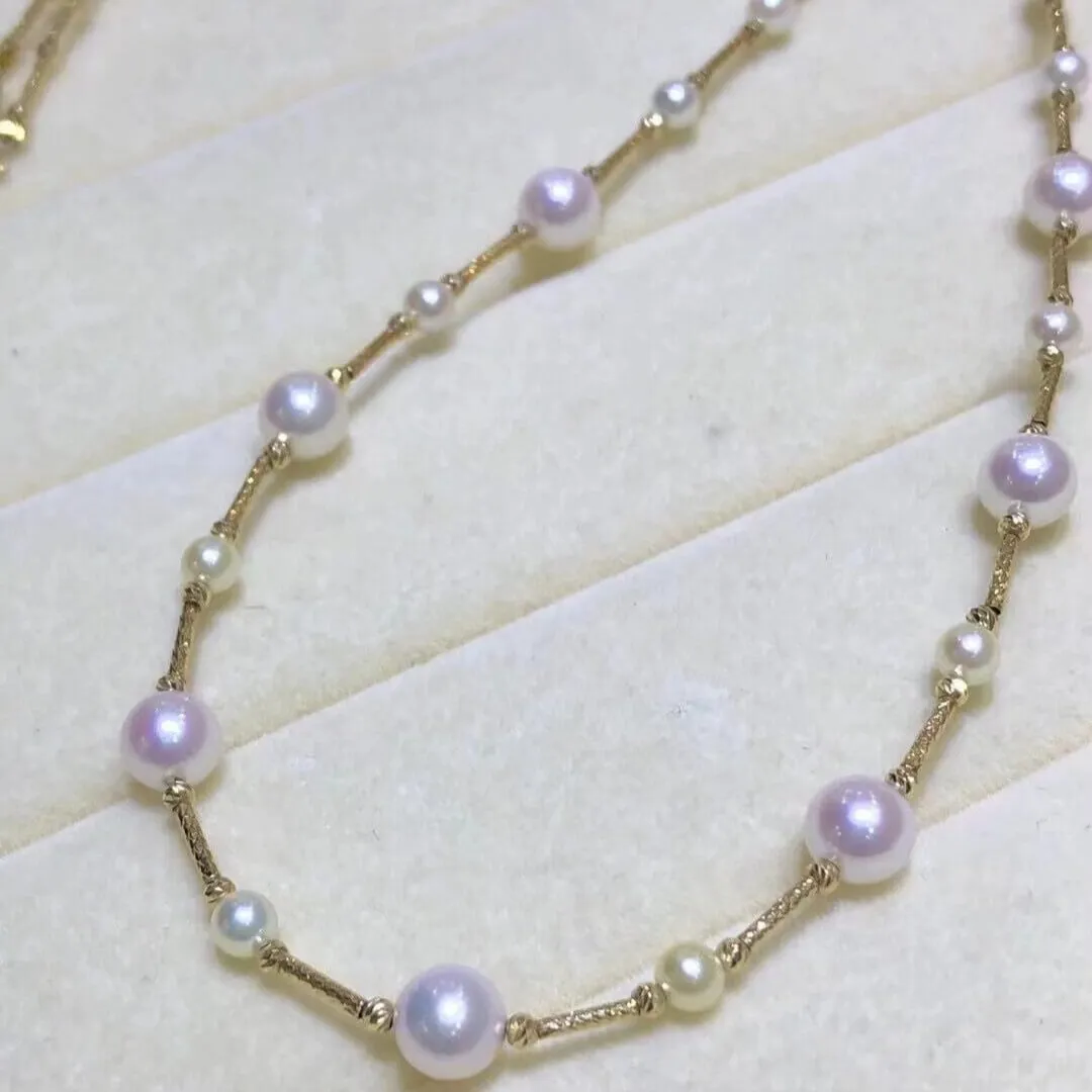 3.0-7.0 mm Japanese Akoya Cultured Pearl and 18K Gold Rondell Necklace - every two pearls