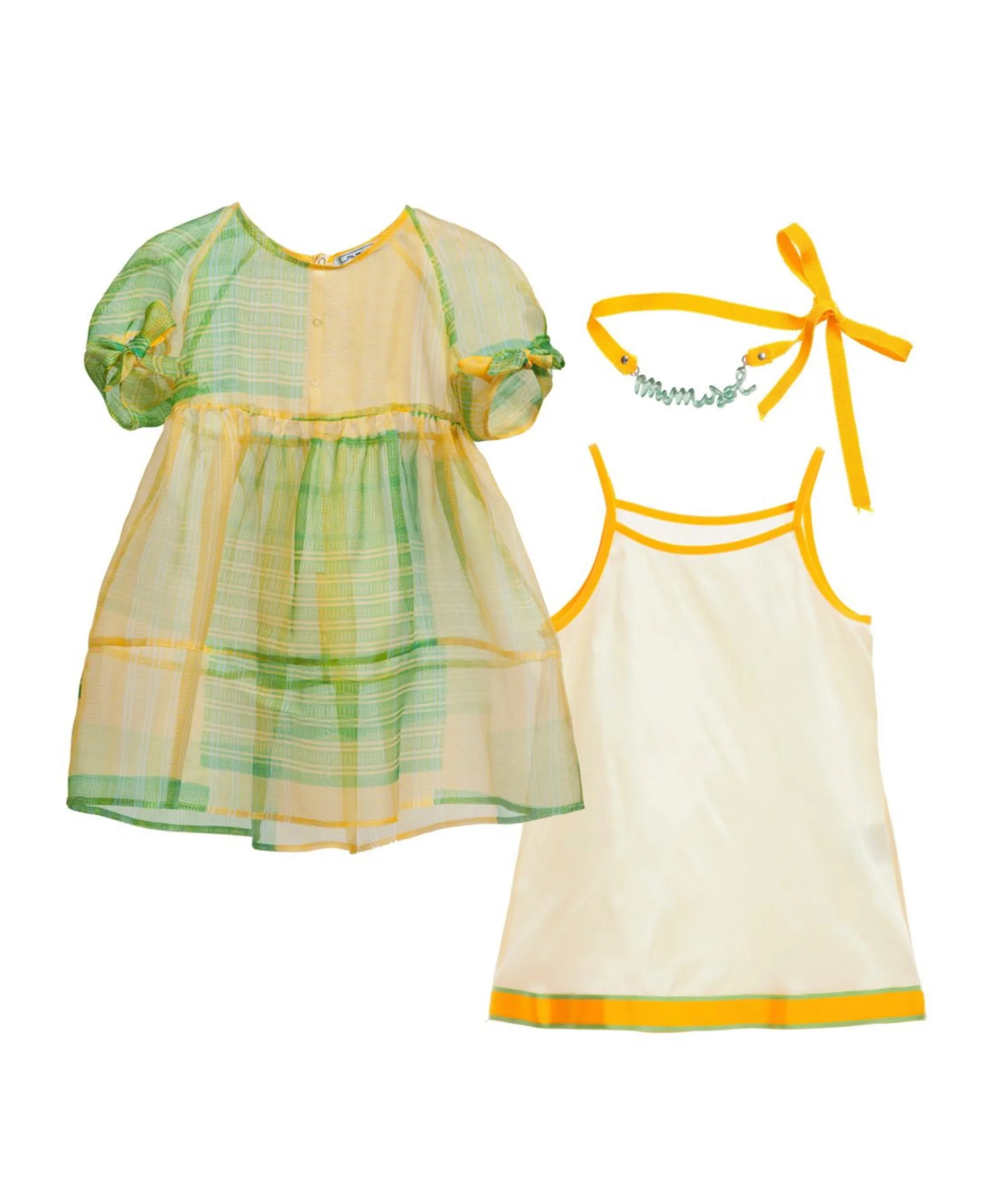 [5y] MI MI SOL Yellow & Green Check Silk Chiffon Dress