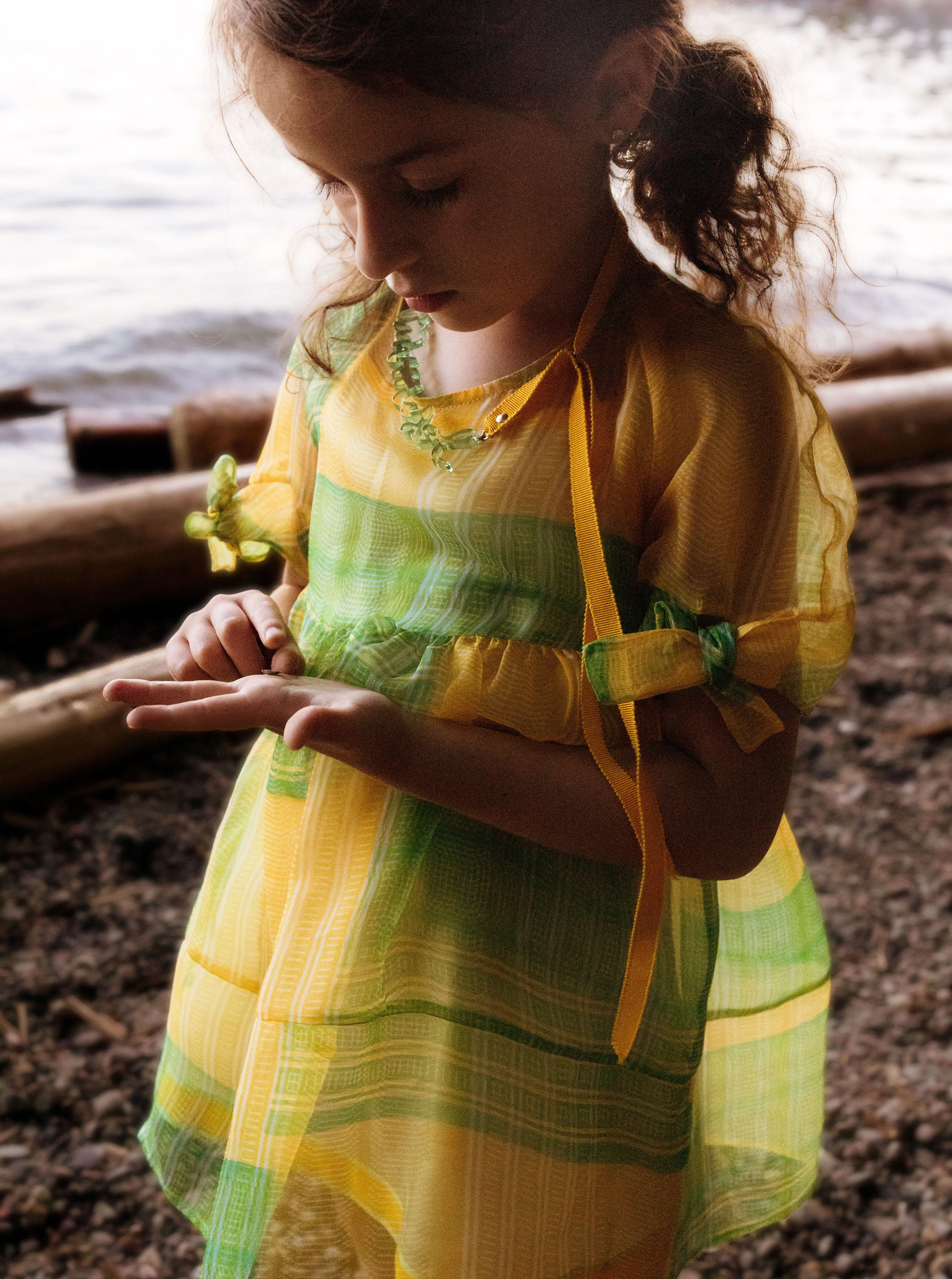 [5y] MI MI SOL Yellow & Green Check Silk Chiffon Dress