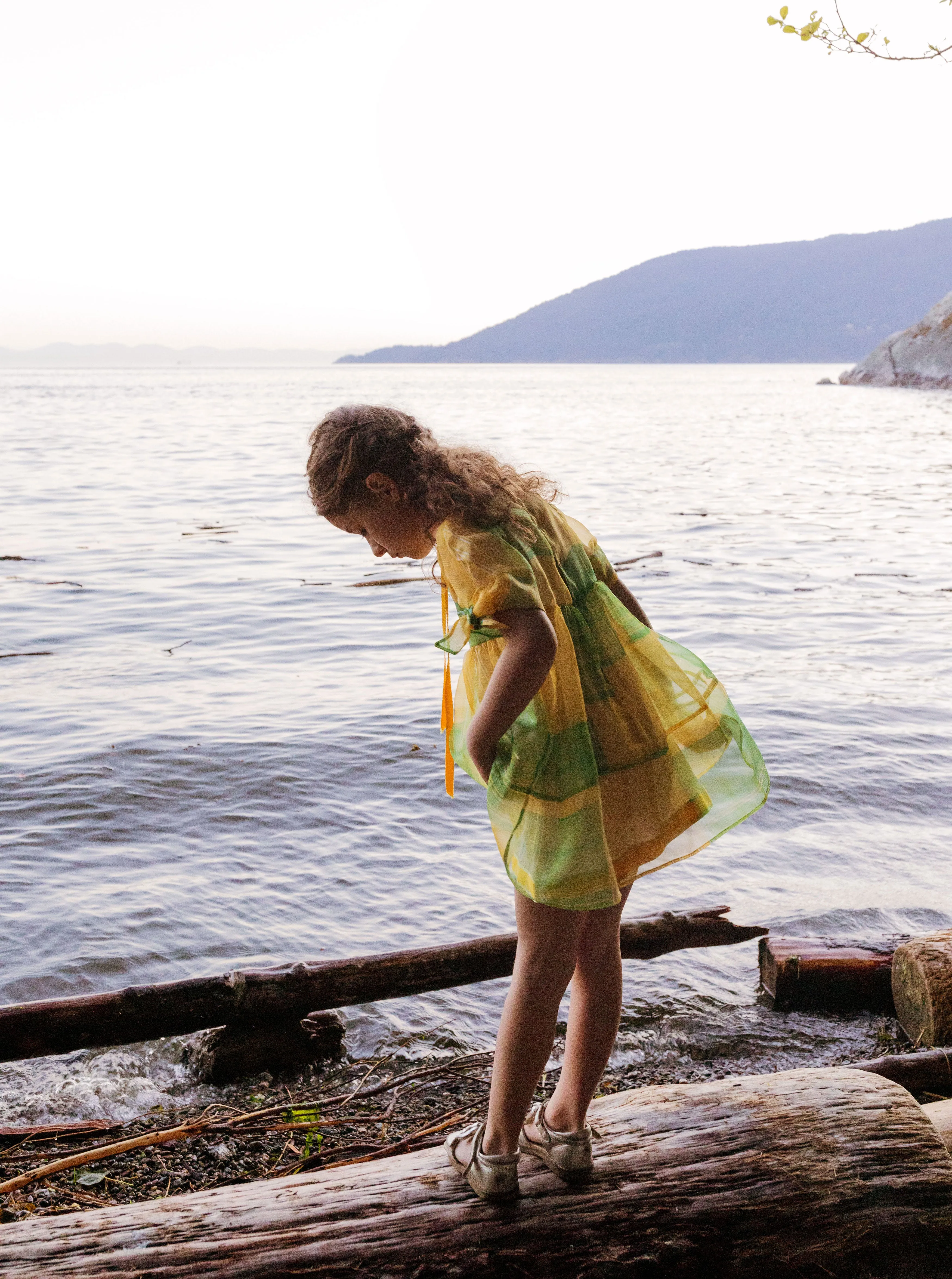 [5y] MI MI SOL Yellow & Green Check Silk Chiffon Dress