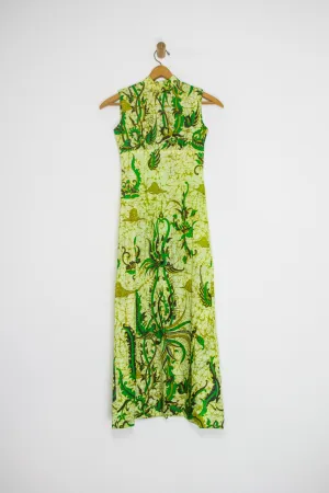 60's GREEN PRINTED MAXI WITH GOLD VEINS / SMALL