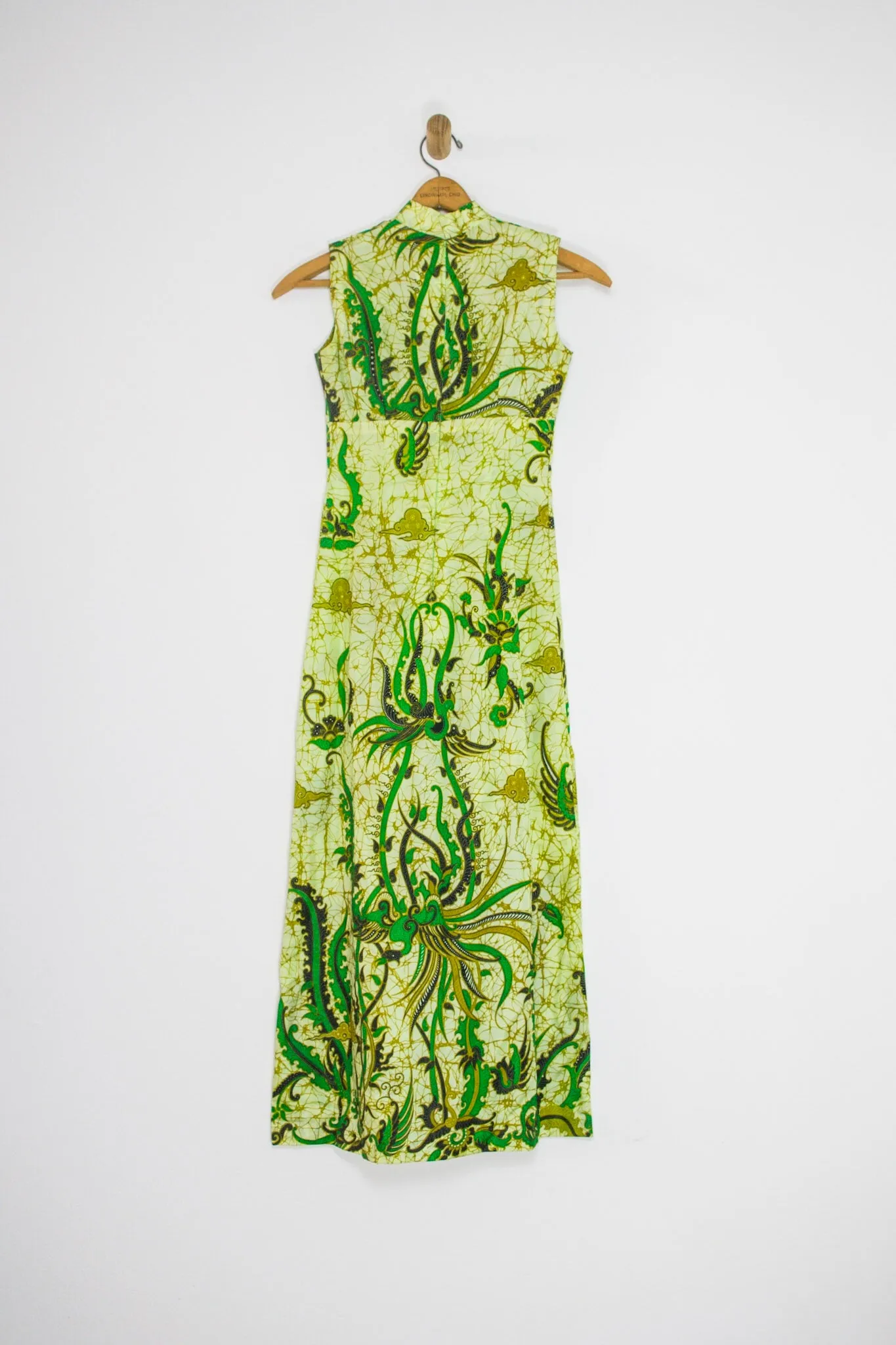 60's GREEN PRINTED MAXI WITH GOLD VEINS / SMALL