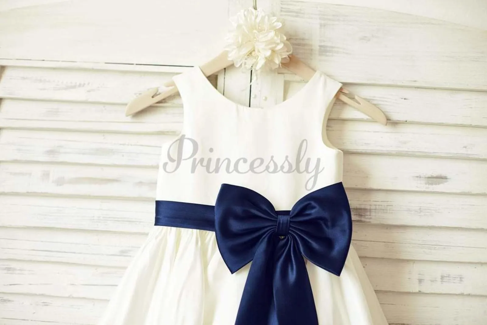 $79 SALE: Ivory Satin Flower Girl Dress with Navy Blue Belt / Bow