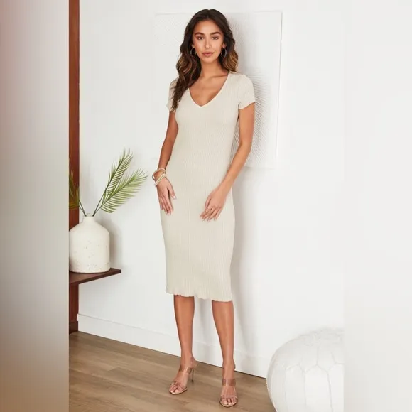 (80147-BGE) SOLID PINSTRIPE TEXTURED SHORT SLEEVE V NECK MAXI DRESS