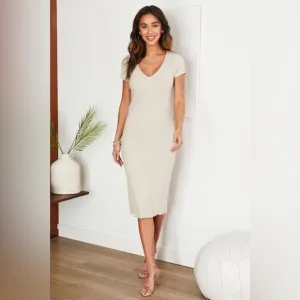 (80147-BGE) SOLID PINSTRIPE TEXTURED SHORT SLEEVE V NECK MAXI DRESS