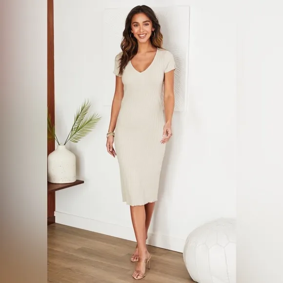 (80147-BGE) SOLID PINSTRIPE TEXTURED SHORT SLEEVE V NECK MAXI DRESS