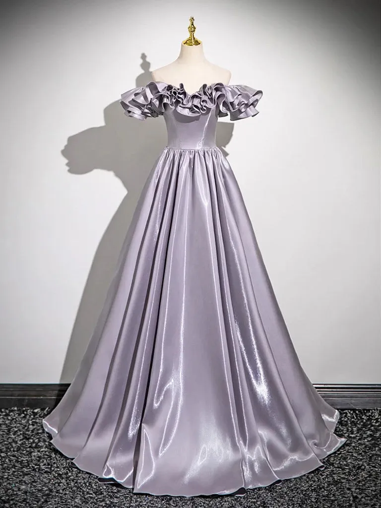 A-Line Gray Satin Long Prom Dress, Gray Long Formal Dress
