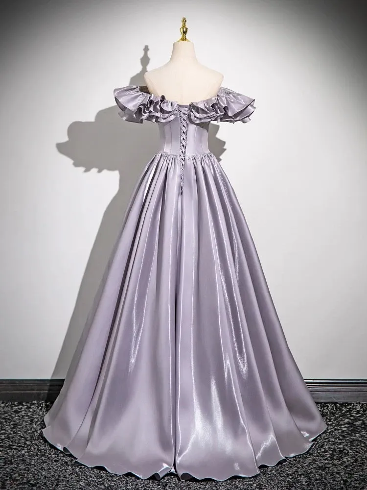A-Line Gray Satin Long Prom Dress, Gray Long Formal Dress