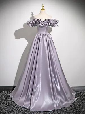 A-Line Gray Satin Long Prom Dress, Gray Long Formal Dress