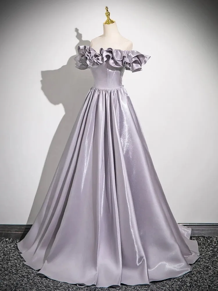 A-Line Gray Satin Long Prom Dress, Gray Long Formal Dress