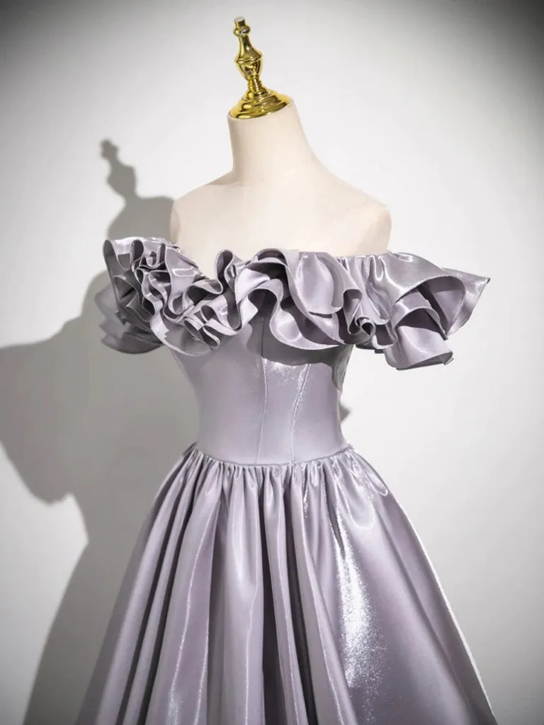 A-Line Gray Satin Long Prom Dress, Gray Long Formal Dress