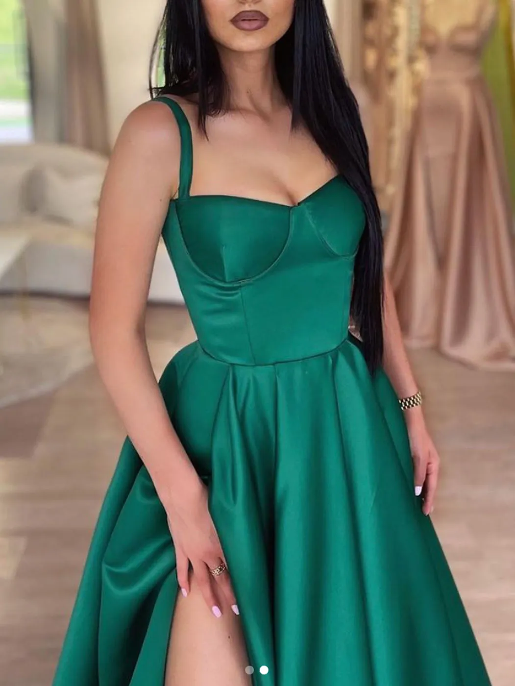 A-Line Green Satin Long Prom Dress, Green Formal Evening Dress