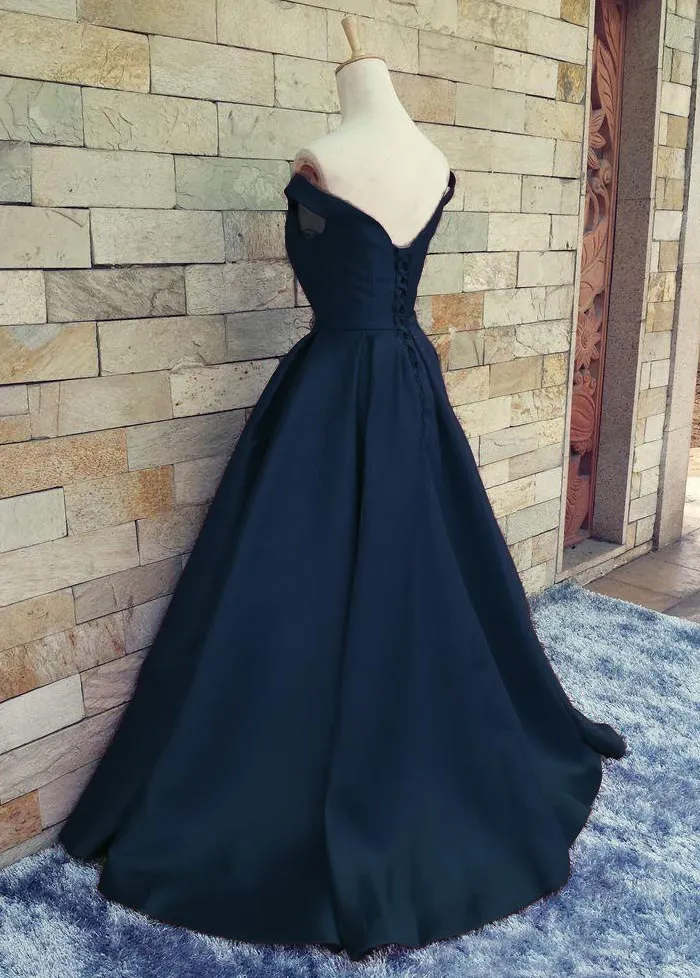 A line Off Shoulder Sleeves Navy Blue Prom Dress