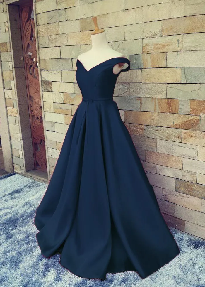 A line Off Shoulder Sleeves Navy Blue Prom Dress