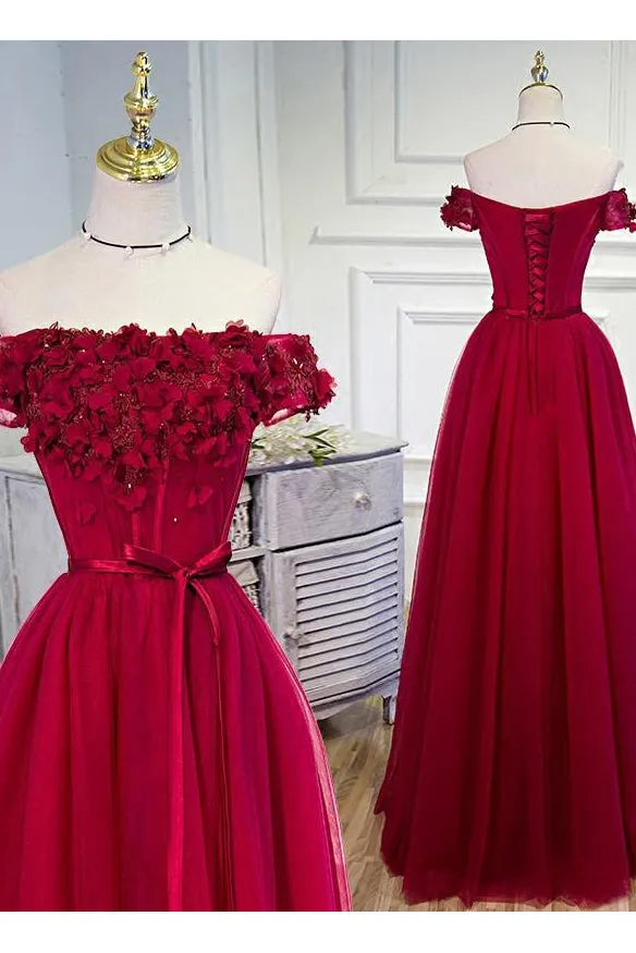 A Line Off The Shoulder Floor Length Short Sleeves Hand-Made Flower Long Burgundy Prom Dress/Evening Dress OHC127
