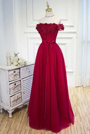 A Line Off The Shoulder Floor Length Short Sleeves Hand-Made Flower Long Burgundy Prom Dress/Evening Dress OHC127